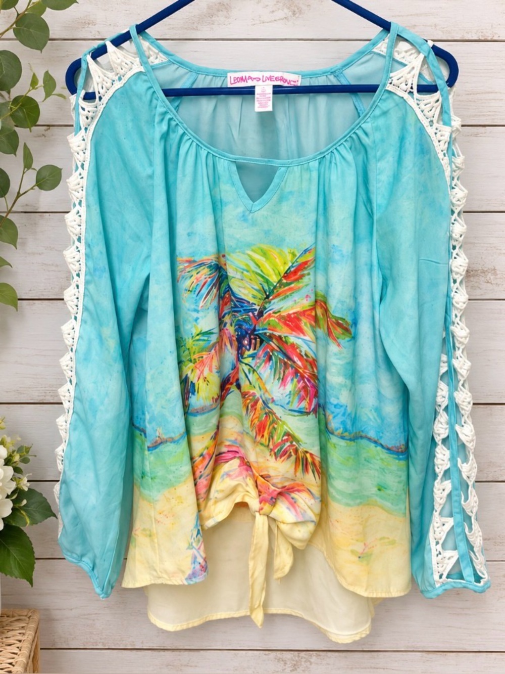 Leoma Lovegrove Light Blue Tropical Print Crochet-Trim Tunic